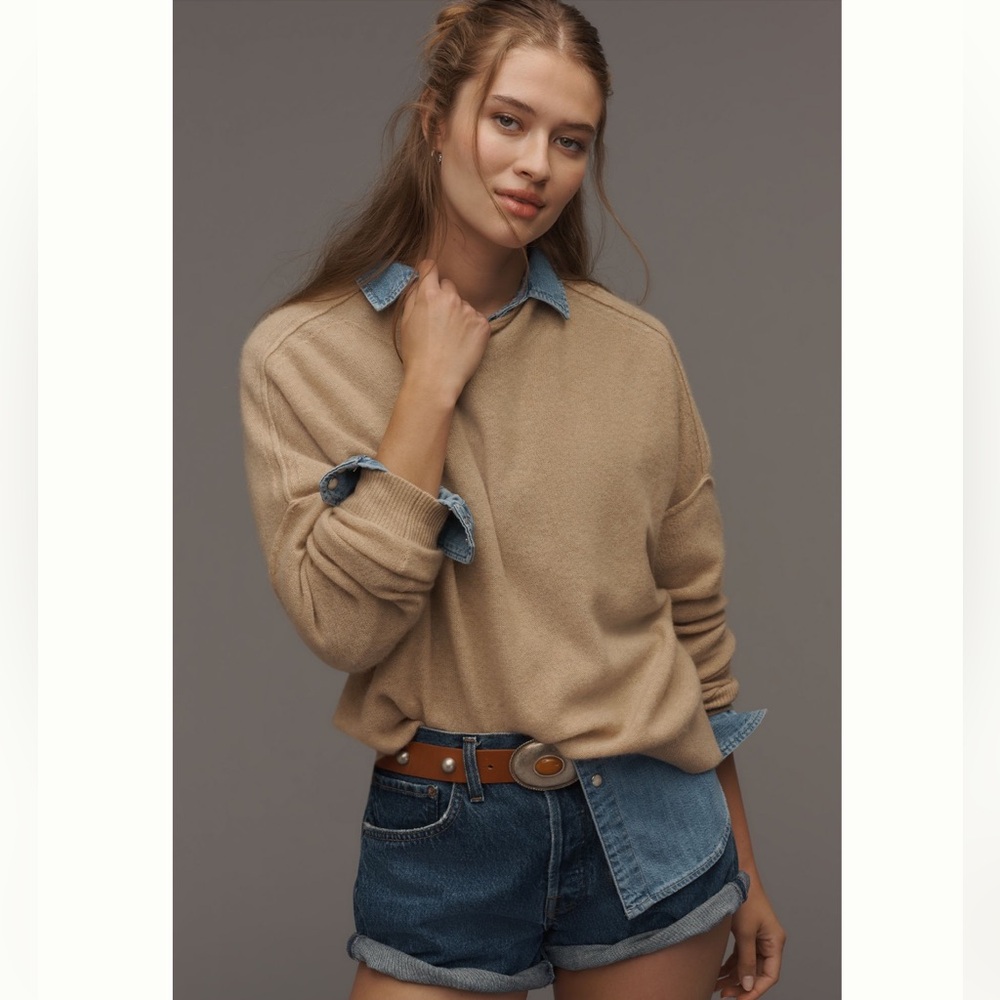 NWT Anthropologie The Alani Cashmere Mock-Neck Sweater by Pilcro Sand Dollar Tan - Picture 1 of 9